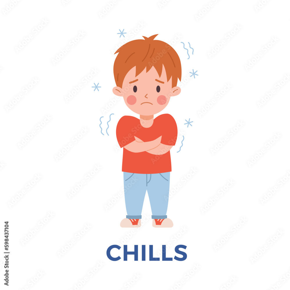 Sad child boy having chills flu symptom flat style, vector illustration Sad child boy having chills flu symptom flat style, vector illustration