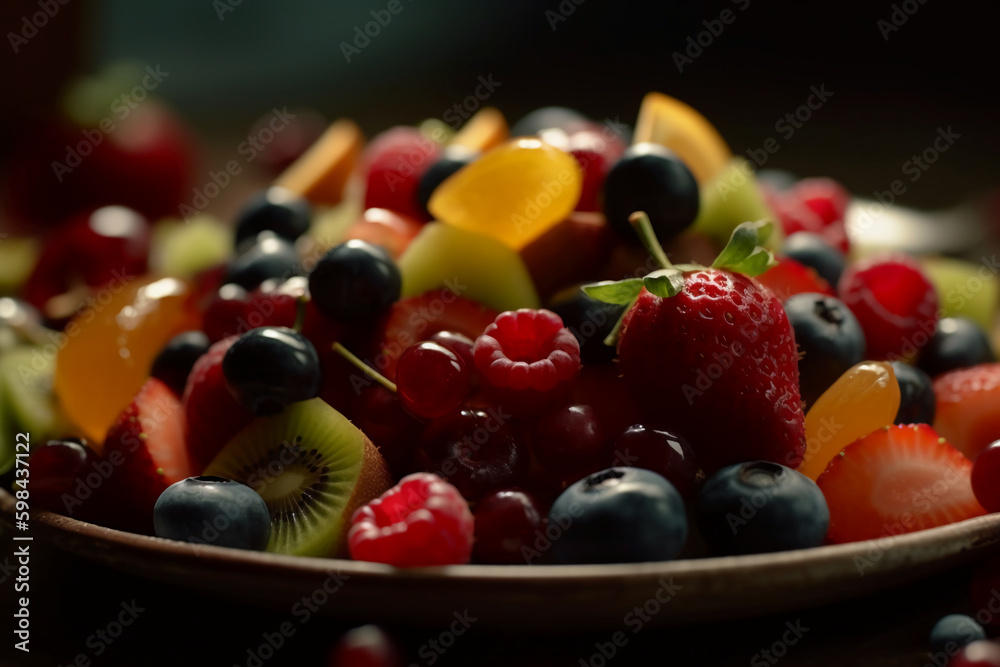 Fresh fruit salad, close up, macro, in the style of food photography. AI generative Fresh fruit salad, close up, macro, in the style of food photography. AI generative