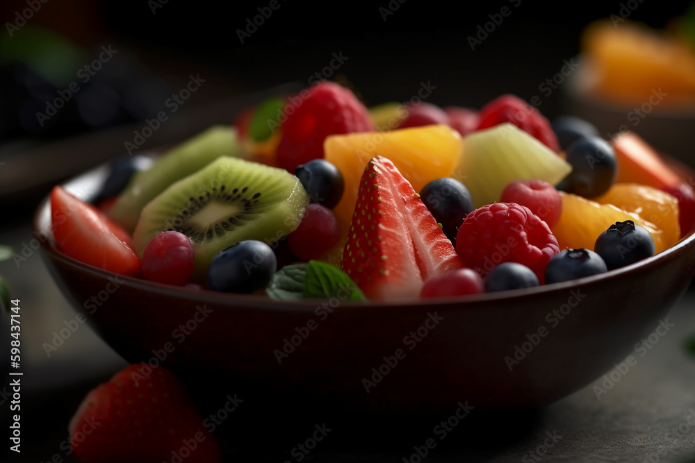 Fresh fruit salad, close up, macro, in the style of food photography. AI generative