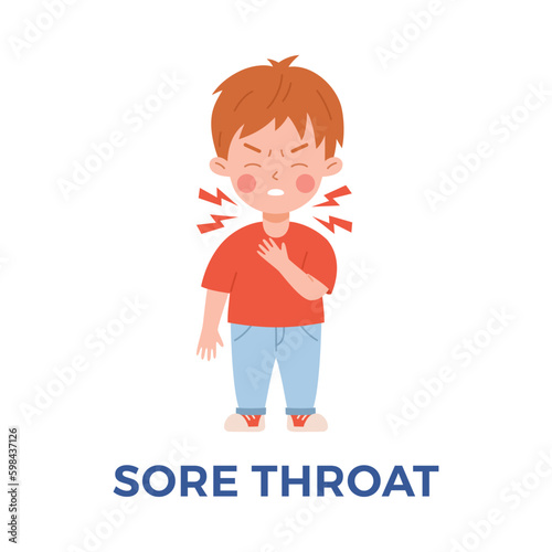 Little boy suffering from sore throat, cartoon flat vector illustration isolated on white background.