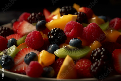 Fresh fruit salad  close up  macro  in the style of food photography. AI generative