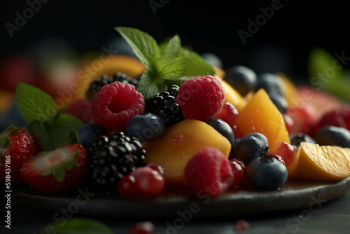 Fresh fruit salad  close up  macro  in the style of food photography. AI generative