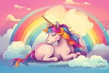 unicorn resting on a fluffy cloud with a vibrant rainbow in the background. Generative AI