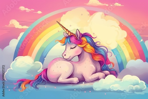Fotografia unicorn resting on a fluffy cloud with a vibrant rainbow in the background