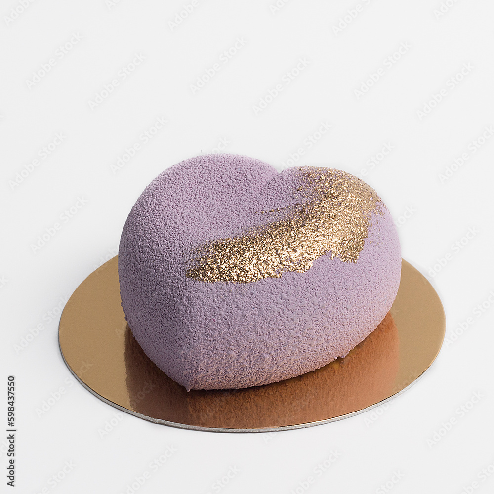 French mousse cake covered with violet velvet glaze isolated on white. Sweet decorated of gold foil Lavender modern European dessert with with gold powder. French mousse cake covered with violet velvet glaze isolated on white. Sweet decorated of gold foil Lavender modern European dessert with with gold powder.