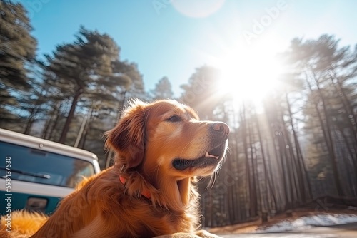 loyal dog sitting in the bed of a pickup truck. Generative AI