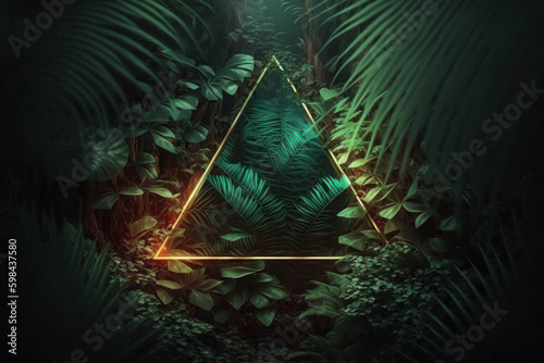 Creative fluorescent, neon color layout made of tropical leaves. nature concept. ai generative