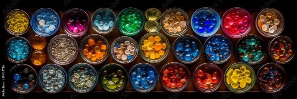 Fototapeta premium top view, aerial view, bowls of gemstones of the color of the rainbow. AI generative