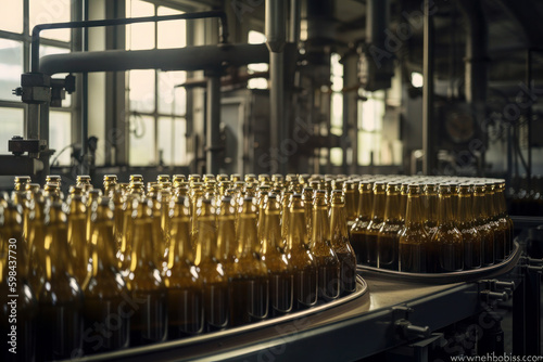 filling beer in to glass bottles at the factory. equipment at the alcoholic plant. AI Generative.