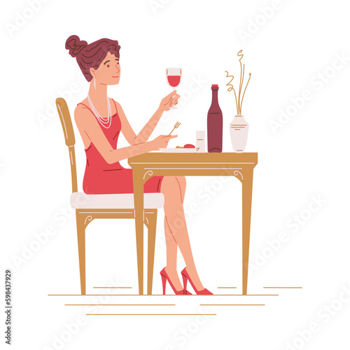 Elegant woman in dress eating in restaurant  flat vector illustration isolated on white background.