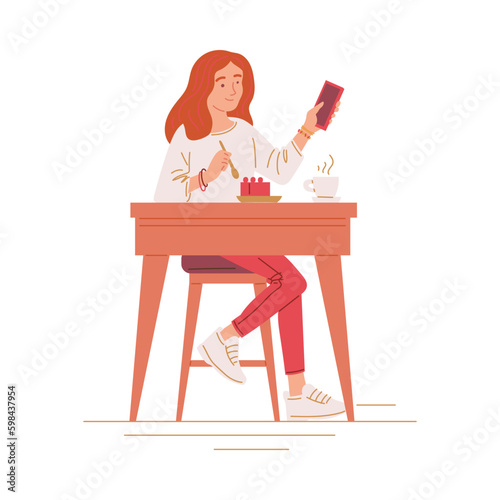 Woman eating cake and recording video review, flat vector illustration isolated.