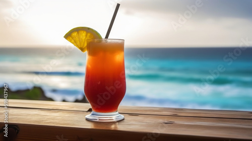Bob Marley cocktail on background with blue sea and sky tropical background. Generative AI