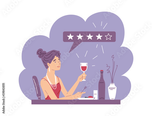 Food blogger gives a positive rating to restaurant, flat vector isolated.