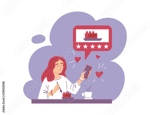 Woman eating cake and rating it online, flat vector illustration isolated on white background.