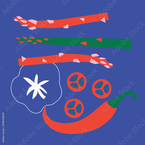 Abstract appetizing Vegetables collection. Decorative abstract horizontal banner with colorful doodles. Hand-drawn modern illustrations with Vegetables, abstract elements. Cucumber, peas, pepper.
