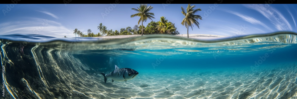 Photograph of beautiful inviting beach scene with blue sky. AI generative Photograph of beautiful inviting beach scene with blue sky. AI generative