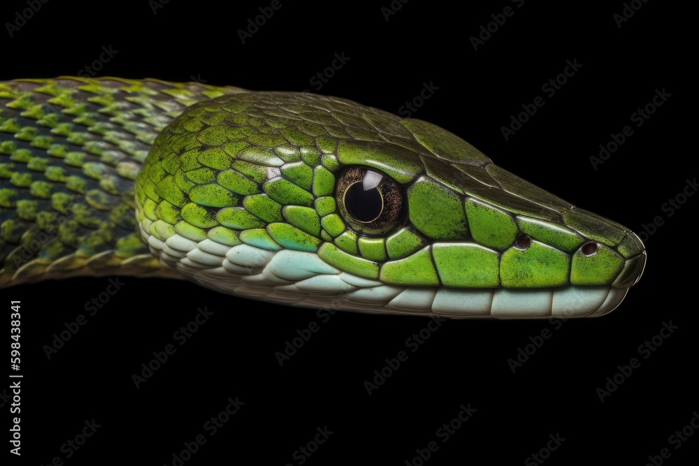 green snake on a black background. Generative AI green snake on a black background. Generative AI