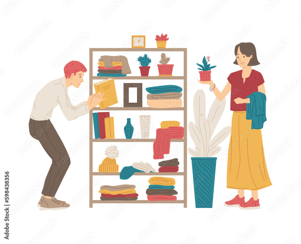 People in second hand shop or flea market, flat vector illustration isolated. People in second hand shop or flea market, flat vector illustration isolated.