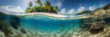 Photograph of beautiful inviting beach scene with blue sky. AI generative