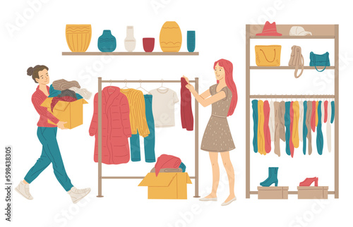 People buying and bringing used goods to charity shop, flat vector illustration isolated on white background.