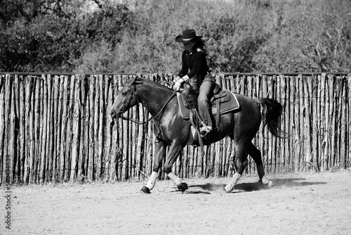 Western industry lifestyle with cowgirl on trotting horse in outdoor arena for training.