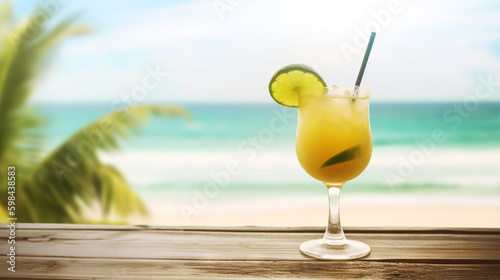 Classic Margarita cocktail on background with blue sea and sky tropical background. Generative AI