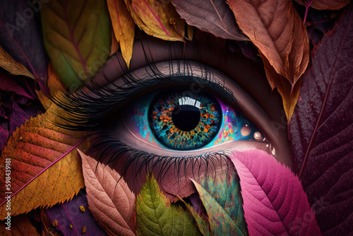 Generative AI. Eye of a woman surrounded by colorful leaves