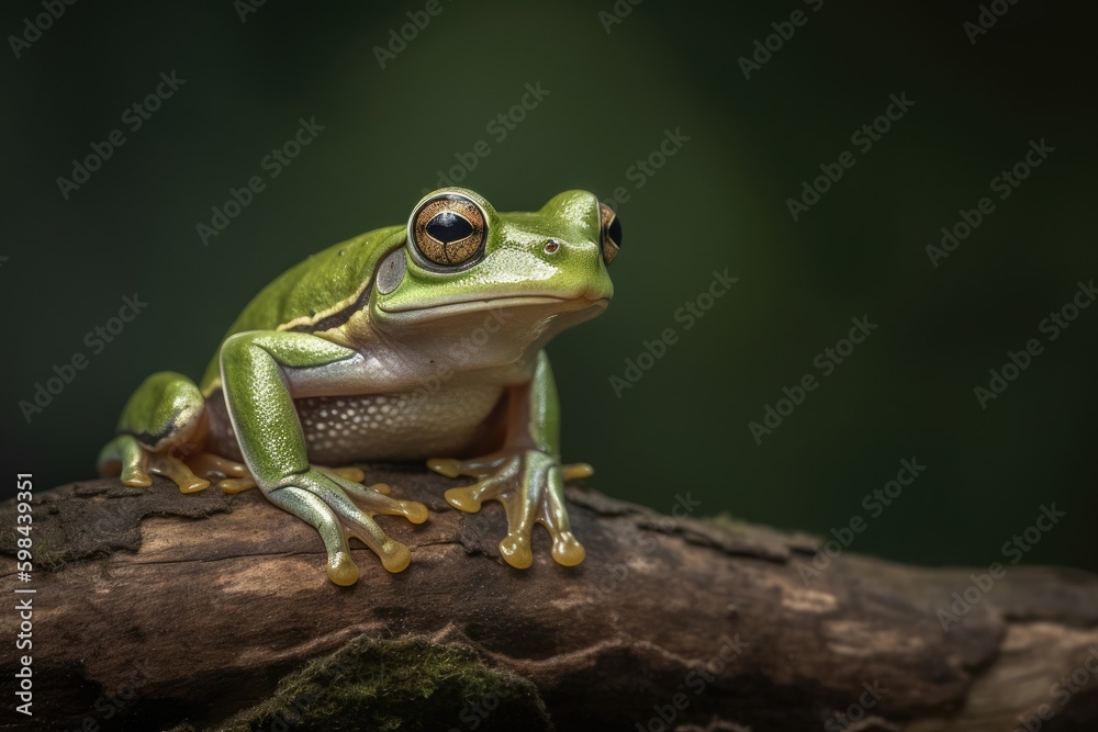 green frog perched on a tree branch. Generative AI green frog perched on a tree branch. Generative AI