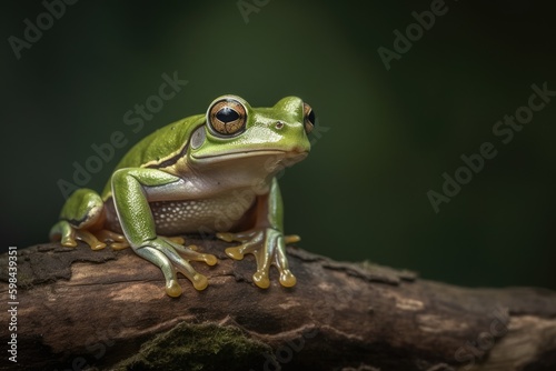 green frog perched on a tree branch. Generative AI
