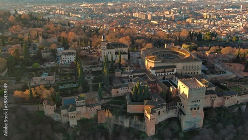 Aerial view of the famous Alhambra palace and fortress in Granada, Andalusia, Spain. It is one of the most famous monuments of Islamic architecture