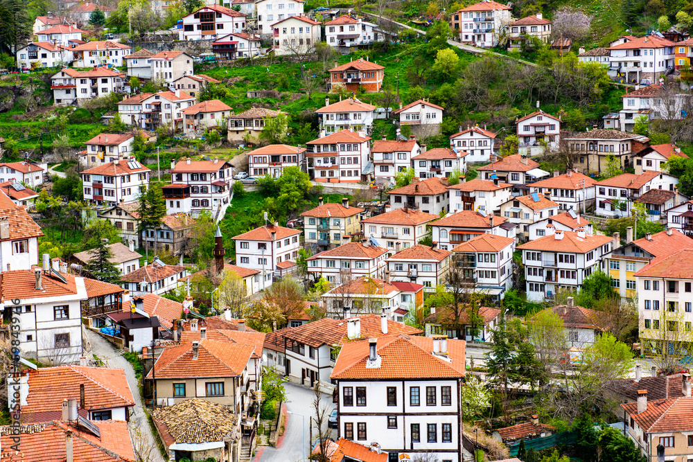 Traditional old houses in Goynuk District of Bolu, Turkey. Aerial view of Goynuk with beautiful historical houses.