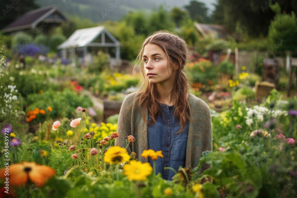 Portrait of a young woman in a biodynamic garden. Self-sustaining concept of living in nature and community of more people AI generated art Portrait of a young woman in a biodynamic garden. Self-sustaining concept of living in nature and community of more people AI generated art