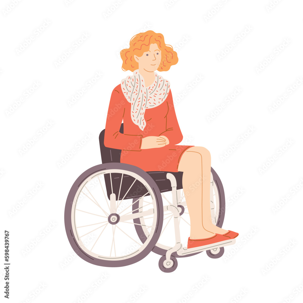 Disabled young woman in wheelchair, flat vector illustration isolated on white background. Disabled young woman in wheelchair, flat vector illustration isolated on white background.