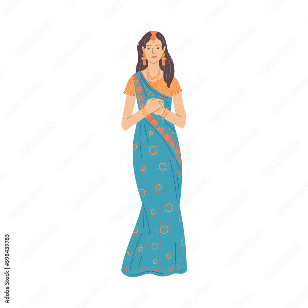 Indian woman in traditional clothes and accessories, flat vector ...