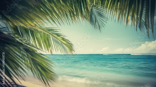 Tropical summer seascape with palm leaves, beach and paradise ocean. Vacation and travel backdrop. Generative AI © AngrySun