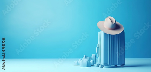 Blue travel suitcase with wheels, straw hat, on uniform blue background. Trip concept. Generative AI