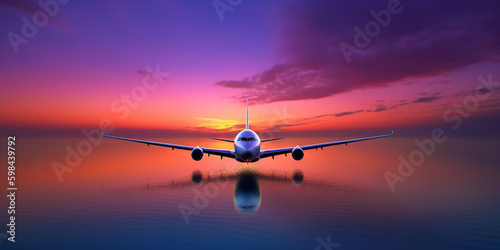 Passengers commercial airplane flying above sea surface on colorful paradise sunset. Airliner in flight. Generative AI © AngrySun
