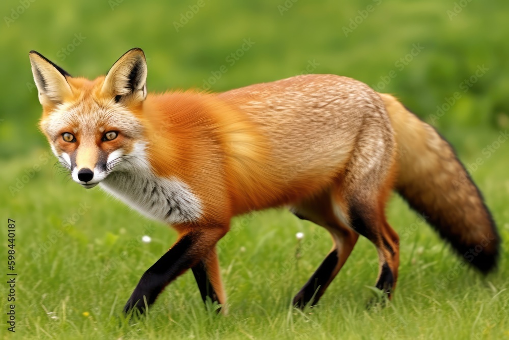 red fox wandering through a verdant meadow. Generative AI
