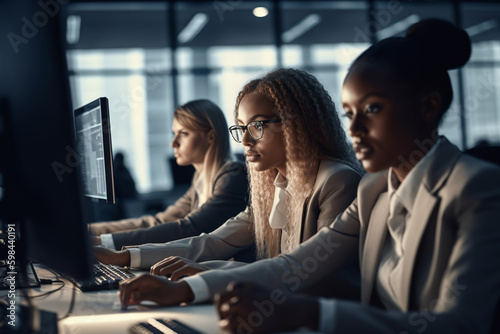 Group of african american businesswomen working on computers in modern office. The image is completely generated using Ai