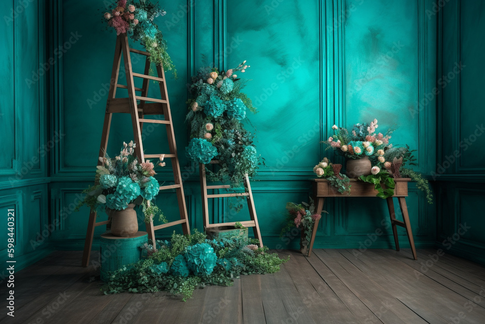 The Ladder Teal Floral Room Digital Backdrops, Maternity Backdrop
