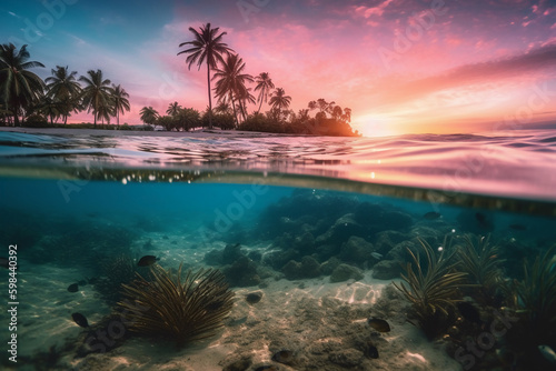 Photograph of beautiful inviting beach scene with purple sunset sky. AI generative © SANGHYUN