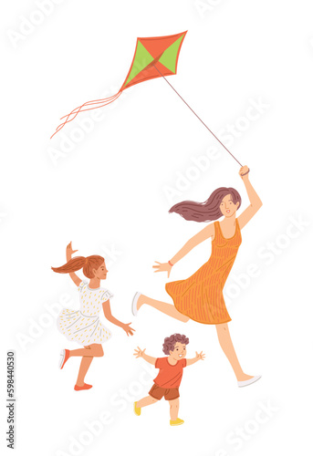 Mother and children playing with flying kite flat style