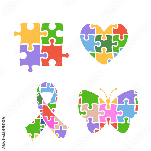Autism spectrum disorder awareness symbols and icons, flat vector illustration isolated on white background.