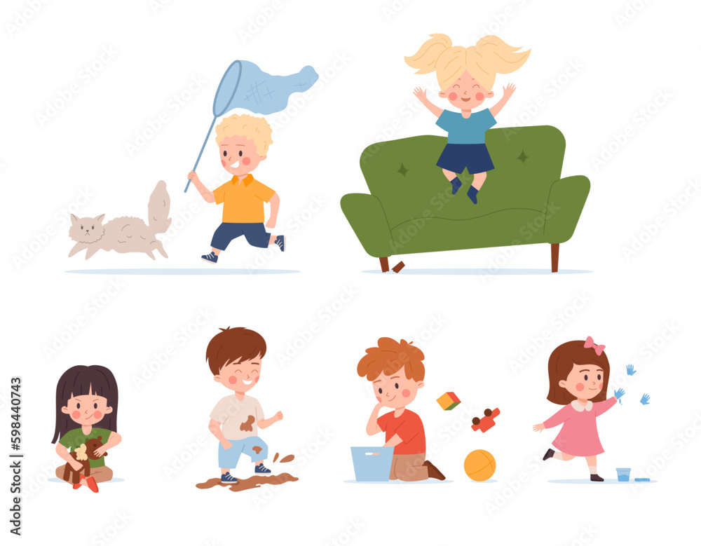 Naughty mischievous kids cartoon characters, flat vector illustration isolated. Naughty mischievous kids cartoon characters, flat vector illustration isolated.