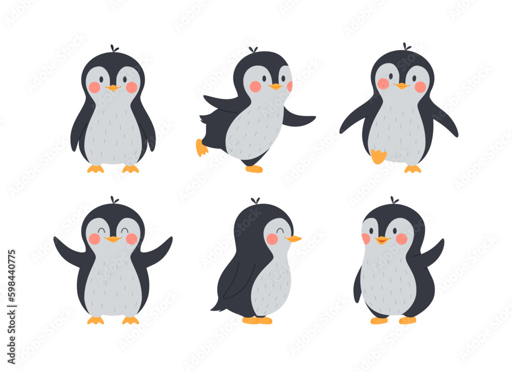 Obraz premium Cute comic penguins set of cartoon characters flat vector illustration isolated.