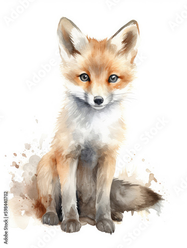 Watercolor Illustration Of A Baby Fox On a White Background in Light Pastel Colors