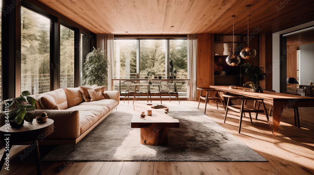 Wooden living room interior with eating table and couch, panoramic window. Generative AI Wooden living room interior with eating table and couch, panoramic window. Generative AI