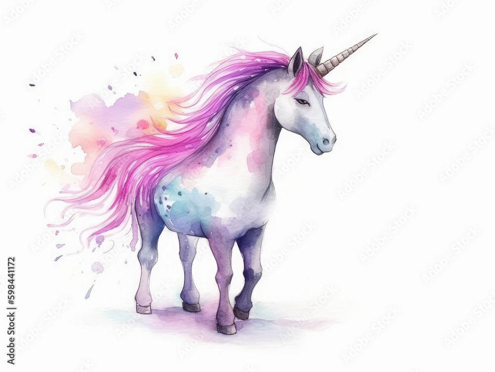 Watercolor Illustration Of A Rainbow Colored Unicorn On a White Background in Light Pastel Colors