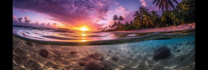 Rideaux  Photograph of beautiful inviting beach scene with purple sunset sky. AI generative  © SANGHYUN