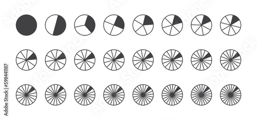 Circle division chart, fraction pie 24 slice vector icon, infographic piece, pizza 24 part. Graphic round illustration